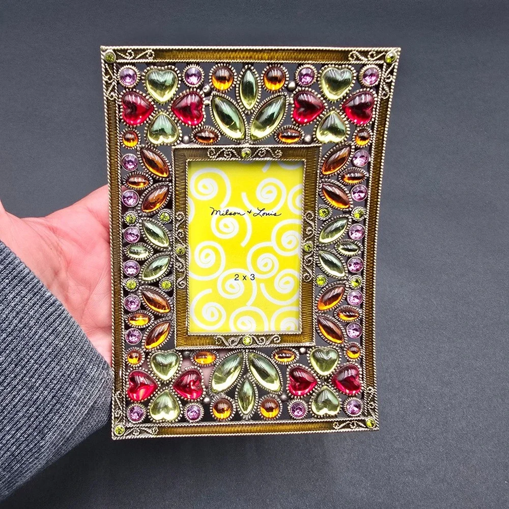 Milson & Louis Jeweled Picture Frame 2x3 Multi-Color Crystal Heart Bronze Metal